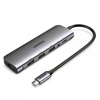 Cáp Chuyển USB C 6 in 1 UGREEN 80132 ( USB C to 3 USB 3.0+HDMI 4K + Audio 3.5mm hỗ trợ Mic + PD 100W )